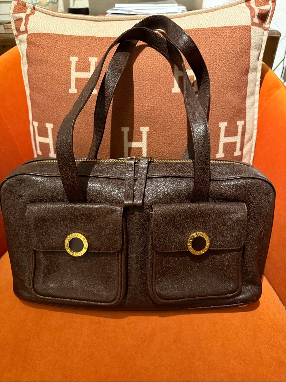 Bulgari Dark Brown Leather Shoulder Bag with Gold-Tone Accents